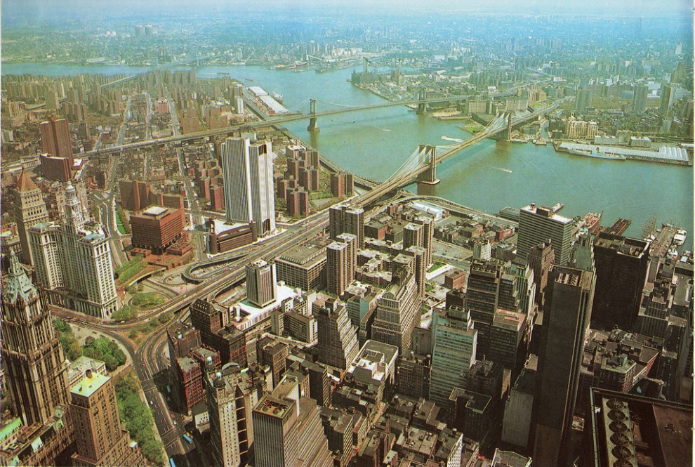 View across Lower Manhattan from the Observation Roof on the 110th floor of the South Tower of The World Trade Center. May 1976.