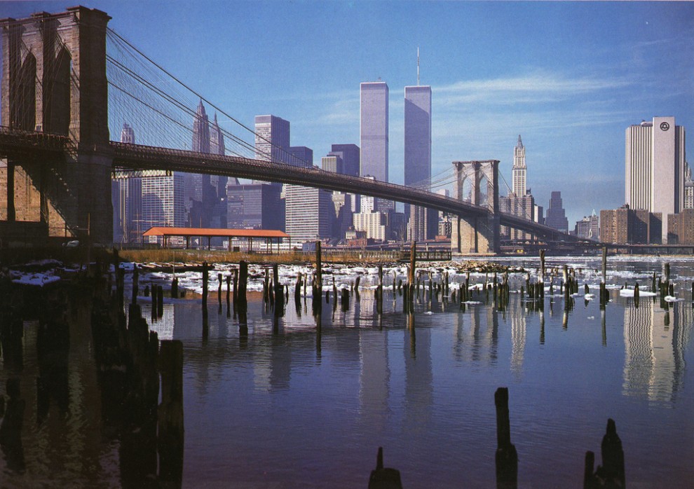 Lower Manhattan skyline and Brooklyn Bridge. January 1981.