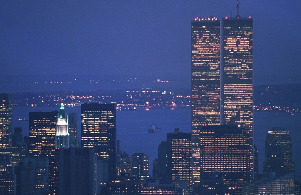 Night view of Twin Towers from Empire State Building. May 2001.