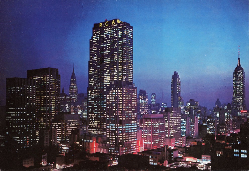 Night view of Rockefeller Center looking southeast. June 1956.