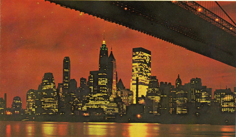 Night view of Lower Manhattan skyline with the Chase tower full illuminated. 1962.