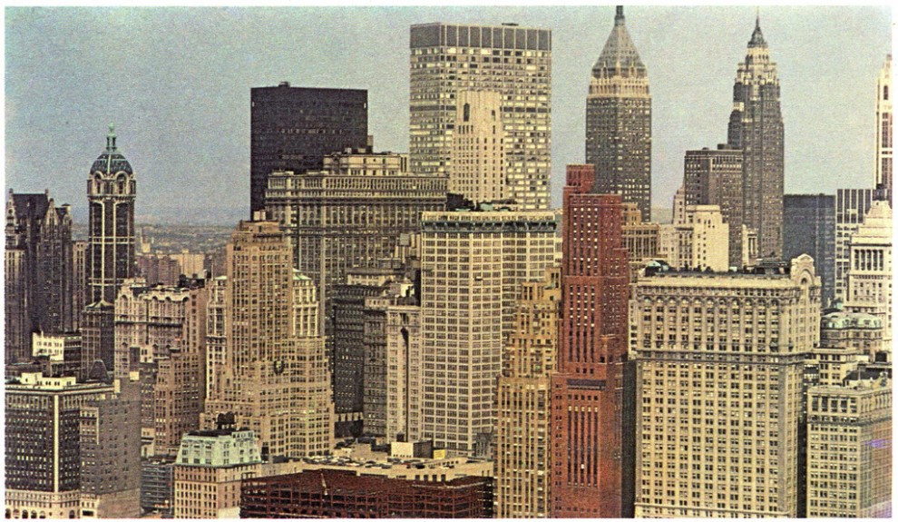Lower Manhattan's Financial District skyline in June 1967 with the newly constructed Marine Midland Building on the left (black building).