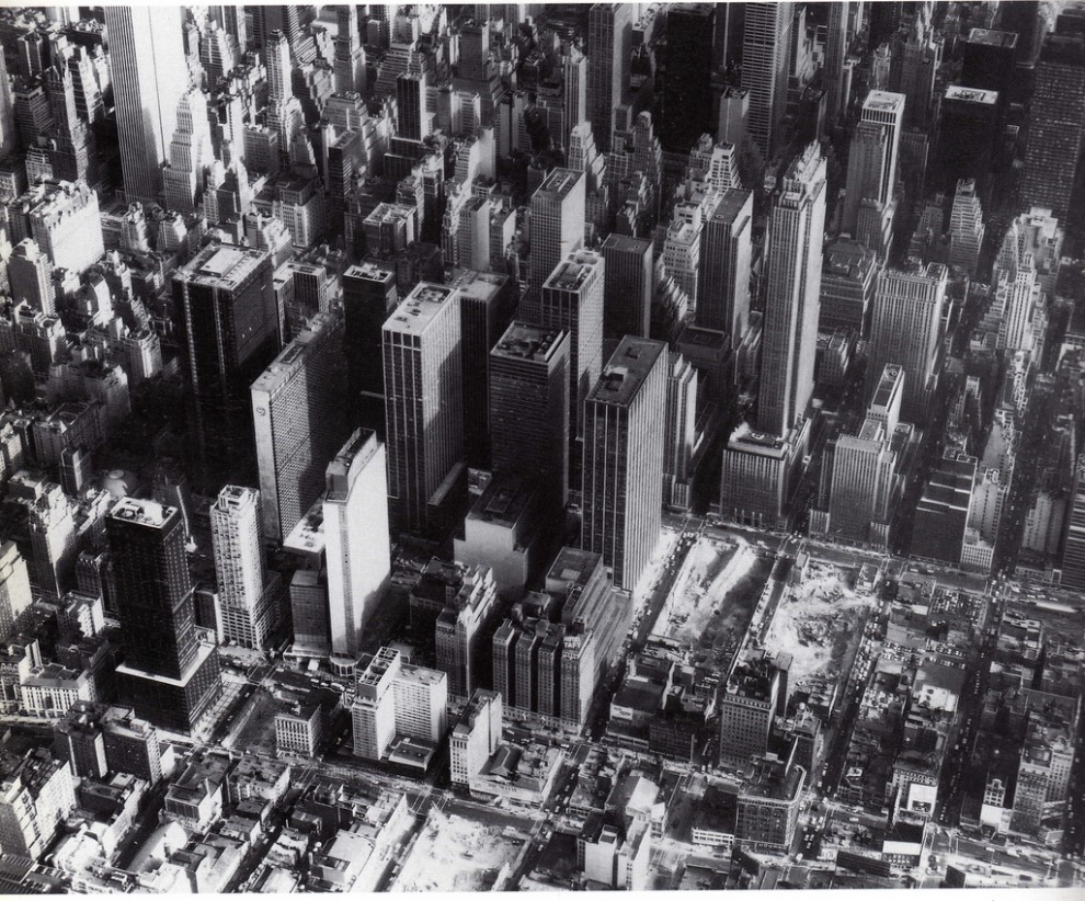 Aerial view of Midtown Manhattan looking east. February 1969.