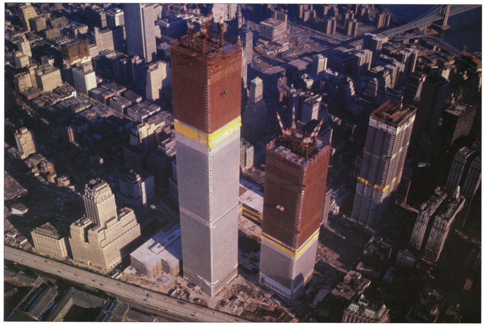 Aerial view of the Twin Towers on the day after the North Tower's topping-out ceremony. Christmas 1970.