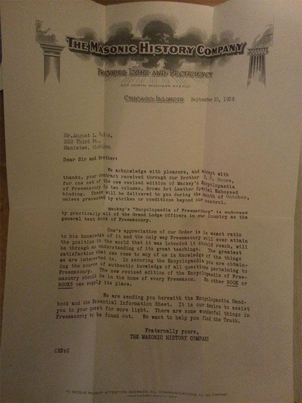 letter from the masonic history company