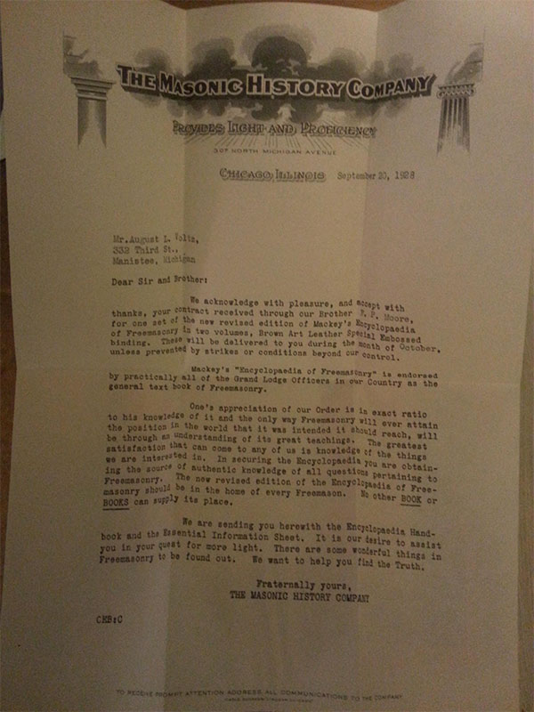 letter from the masonic history company