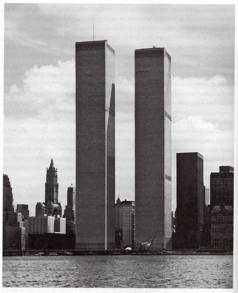 The completed Twin Towers of World Trade Center viewed from the Hudson River. July 1974.