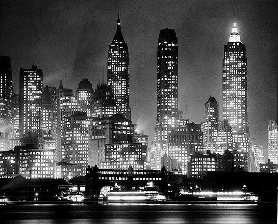 Manhattan skyline at night, 1947.