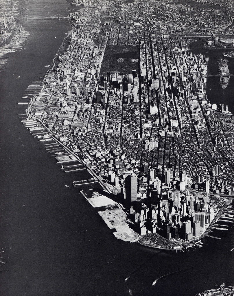 Aerial view of Manhattan Island looking north. August 1975.