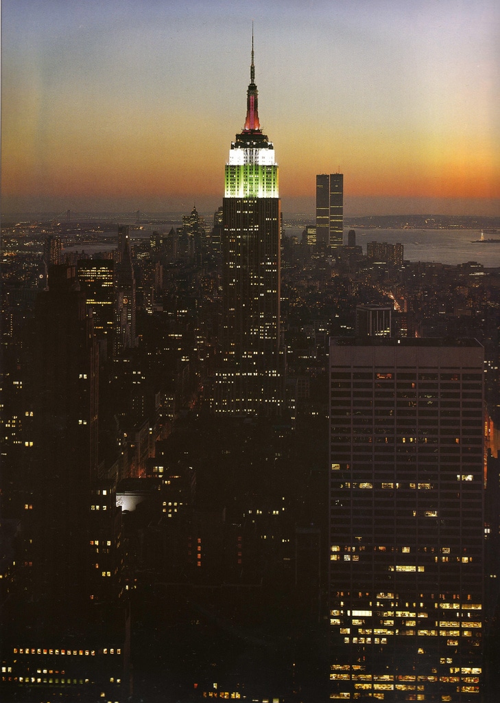 Illuminated view of the Empire State Building during Columbus Day. October 12, 1977.