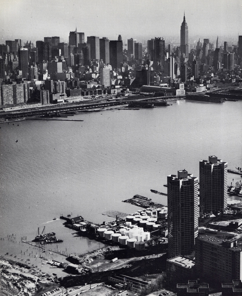 Aerial view of Midtown Manhattan looking southeast from New Jersey. March 1977.