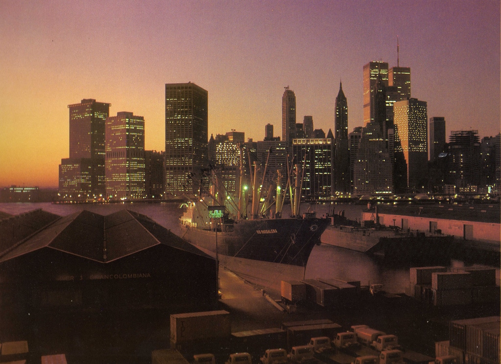 Evening panorama of the Lower Manhattan Skyline. March 1983.