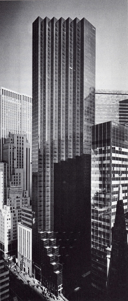 The 664ft, 58 story Trump Tower constructed in 1983, viewed looking northeast from Gotman Hotel in March 1984.