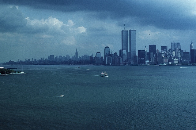 Manhattan skyline from the observation deck of the statue of liberty. August 1986.