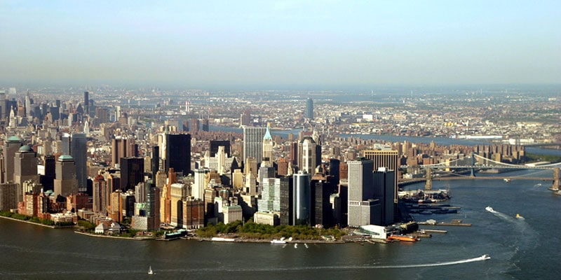 Aerial view of lower Manhattan skyline. 2005.