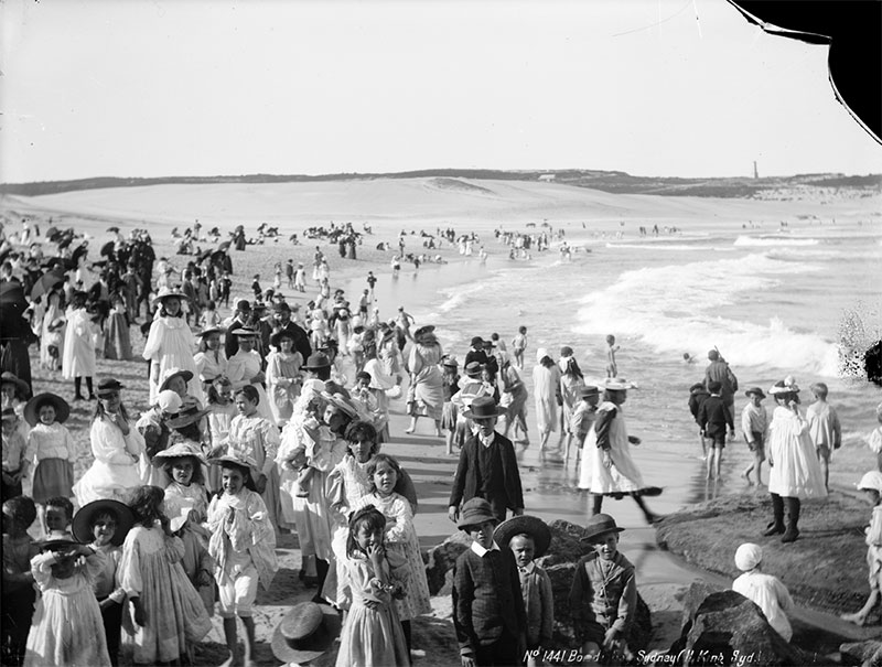 Holiday makers enjoy a day at Bondi beach. 1900.