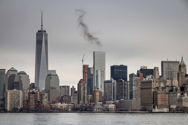 Manhattan skyline and One World Trade Center from Miss New York ferry. January 21st 2015.