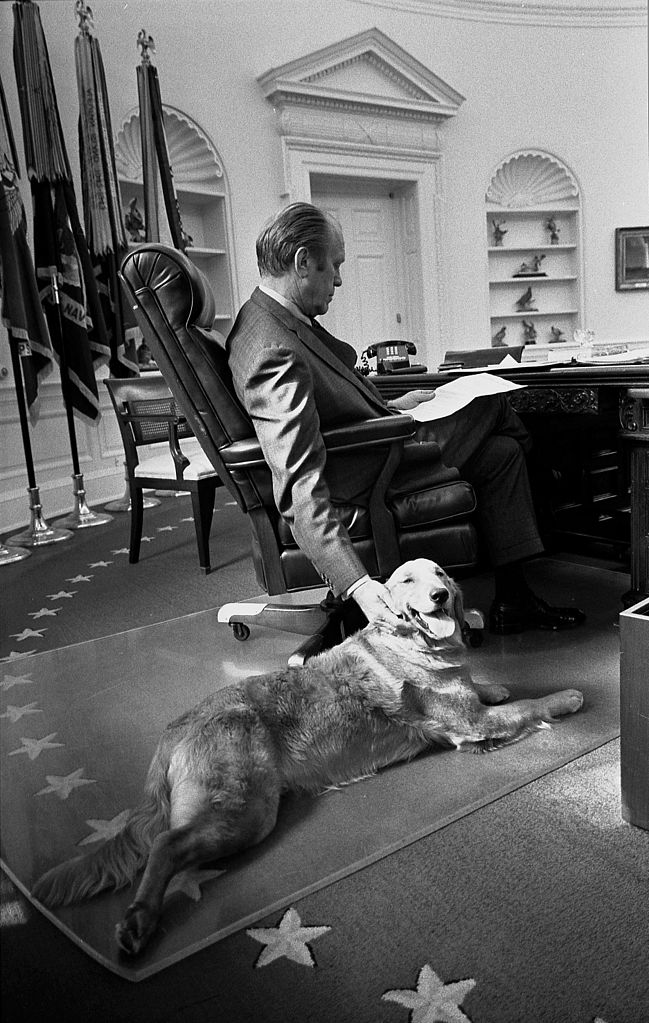 Gerald Ford and his golden retriever Liberty in the Oval Office. 7 November 1974
