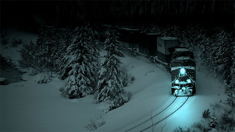 train on a snowy winter's night