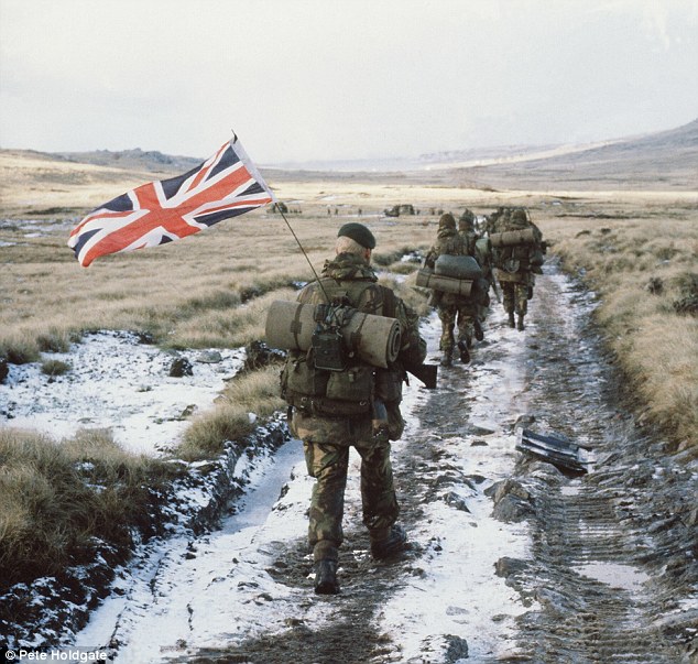 British Royal Marines marching across the Falklands. 1982.