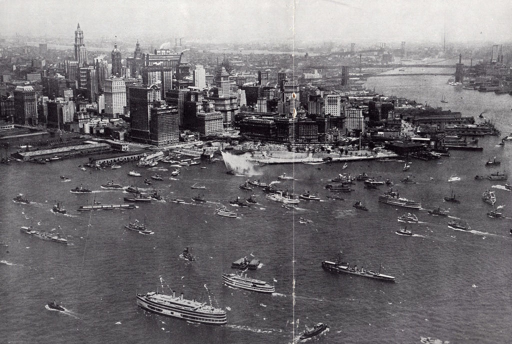 Lower Manhattan looking northeast from the Bay. July 1927.