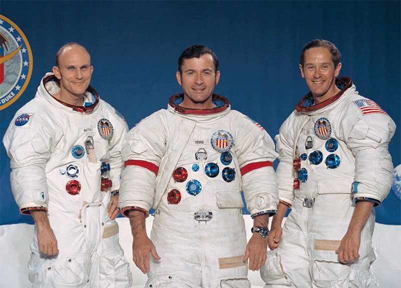 From left to right: Thomas K. Mattingly II, Command Module pilot; John W. Young, Commander; and Charles M. Duke Jr., Lunar Module pilot