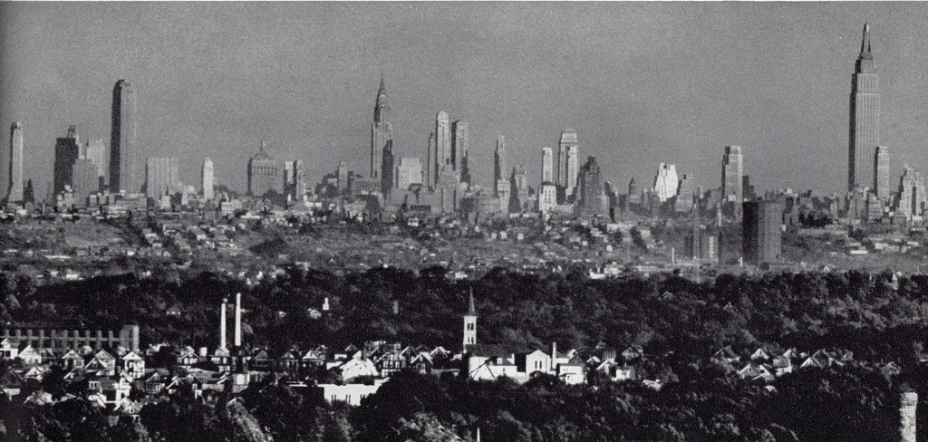 Wide shot of the Manhattan skyline viewed from New Jersey in 1943.