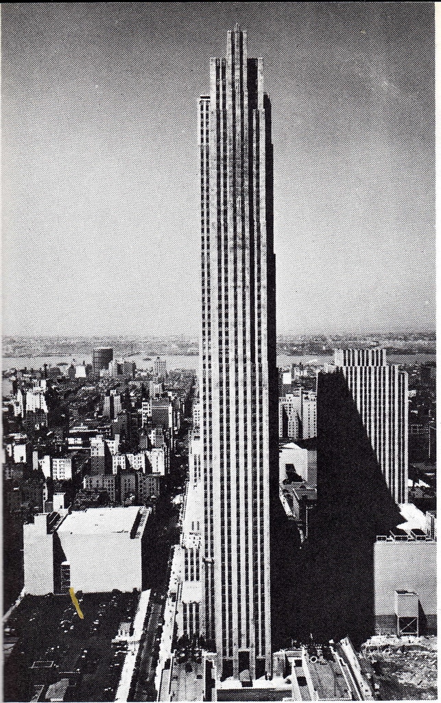 The completed RCA Building towering over midtown Manhattan in September 1933.