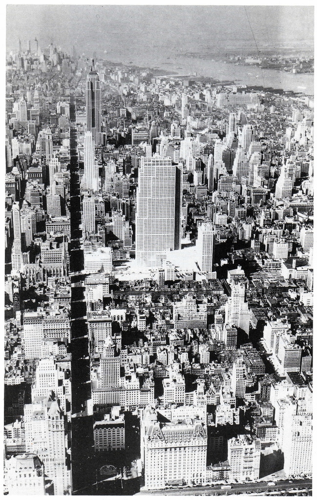 Aerial view of Midtown Manhattan looking south, showing Rockefeller Center's impact. July 1933.