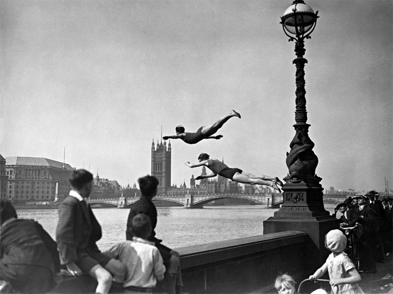 Diving into the Thames, London, 1934.