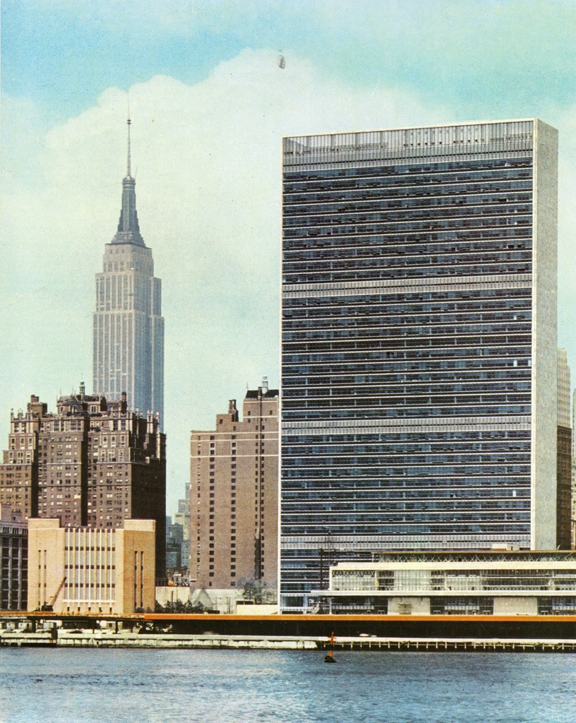 The completed UN Secretariat Building and the Empire State Building. 1951.