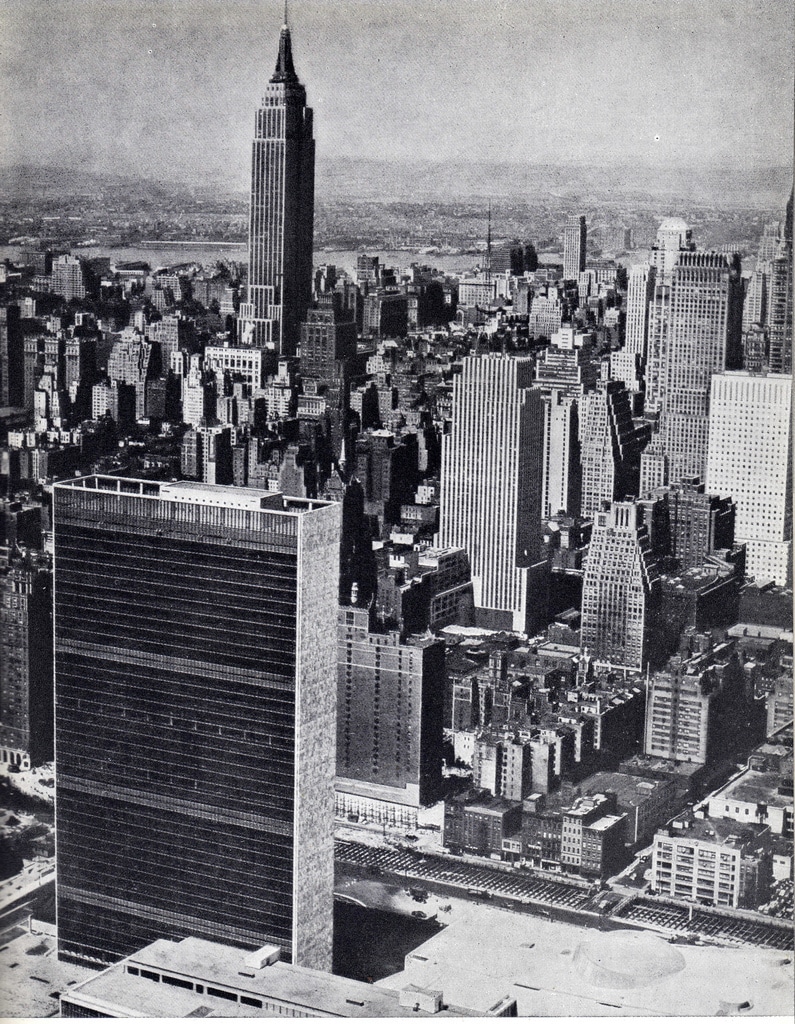 Aerial view of United Nations headquarters with Secretariat building.