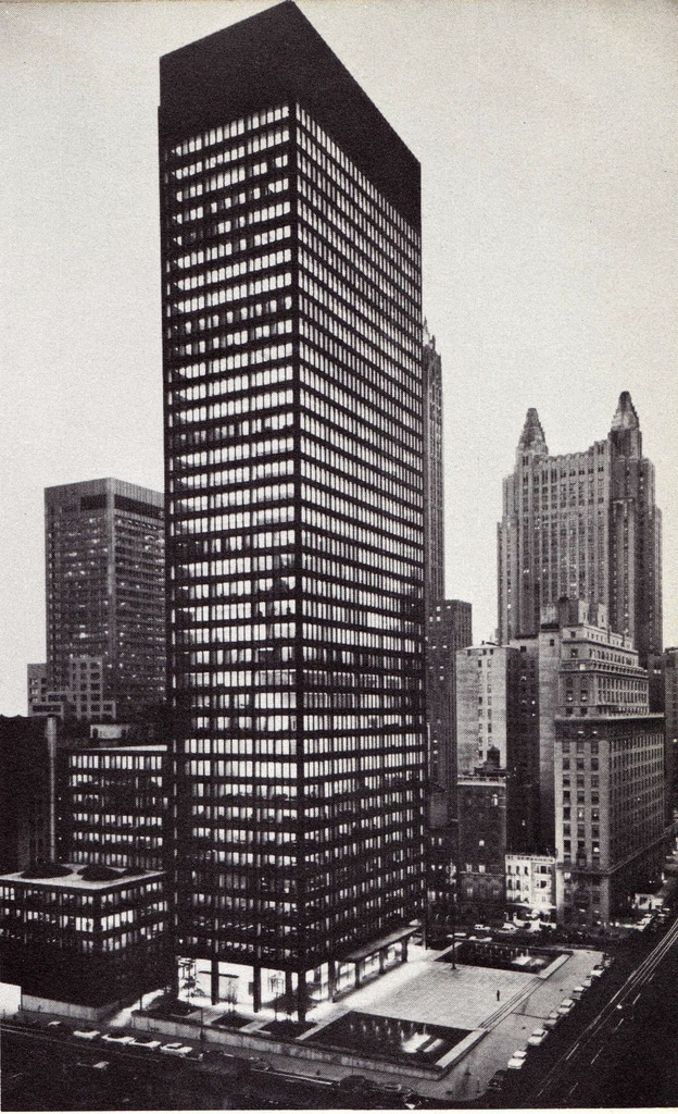 Night view of the completed Seagram building, June 1958. 