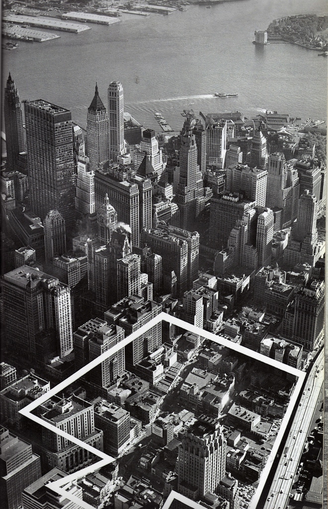 Aerial view of Lower Manhattan Financial District looking southeast showing the definitive site for the new World Trade Center. October 1962