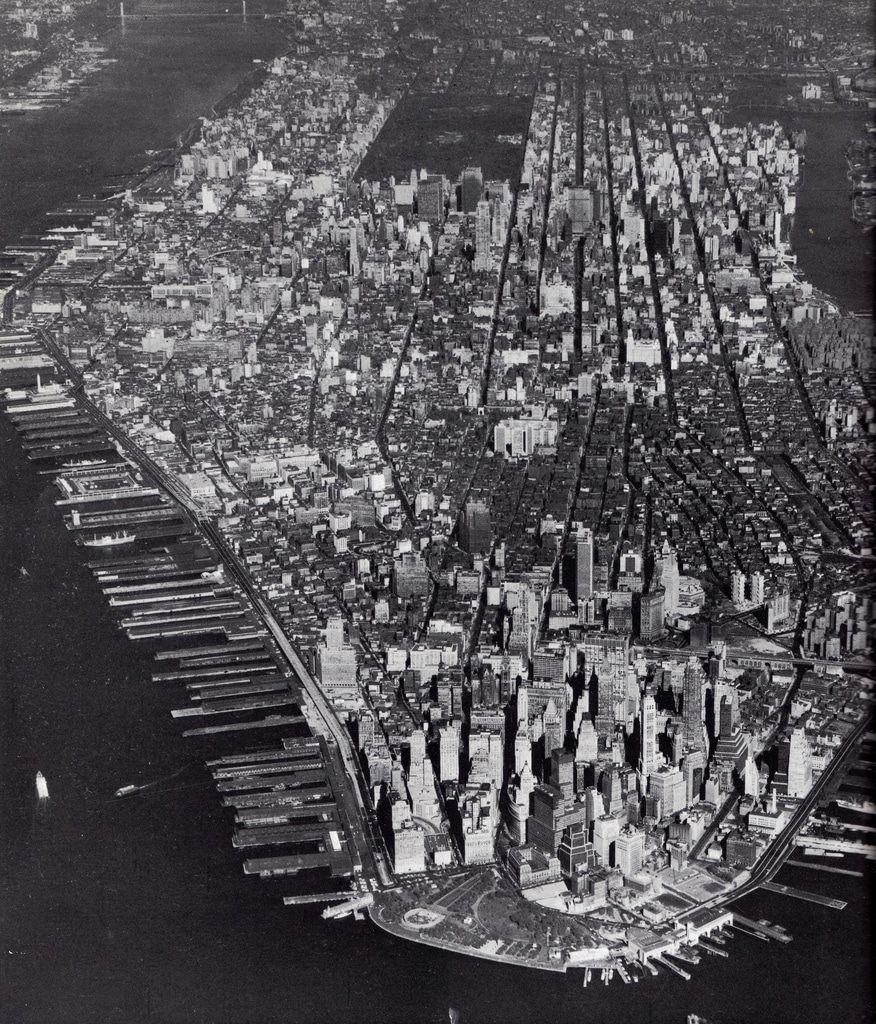 Aerial view of Manhattan Island from the south. August 1966.