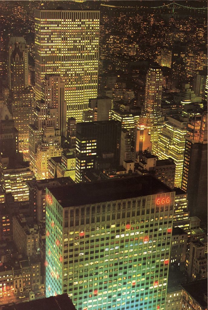 Night view of the completed General Motors Building from RCA Building. January 1970.