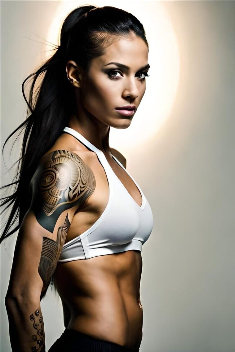 tattoo, woman, model, portrait, strong, body, pose, female, masculine, ai generated, arm tattoo, design